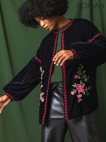Roman Black Floral Embroidered Velvet Trophy Jacket (G13817) | £78