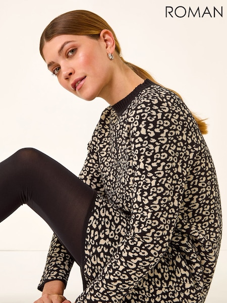 Roman Black Animal Print Knitted Shift Dress (G13822) | £50