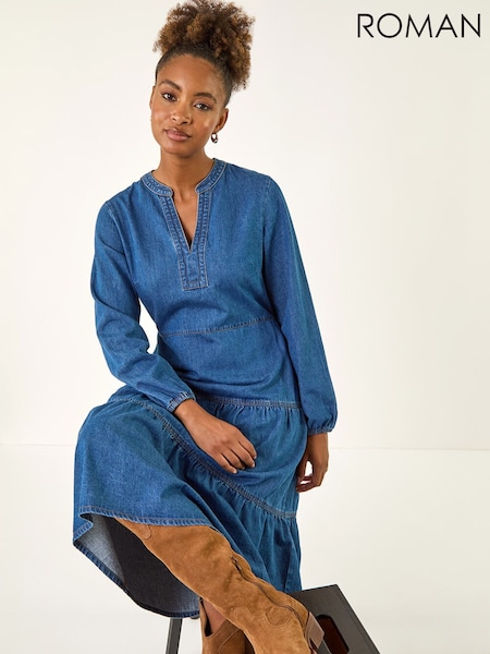 Roman Blue Cotton Denim Tiered Midi Dress (G13852) | £55