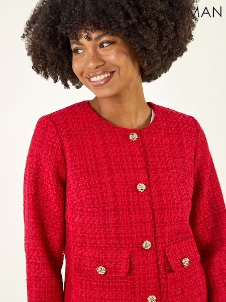Roman Red Collarless Buttoned Boucle Jacket (G13853) | £65
