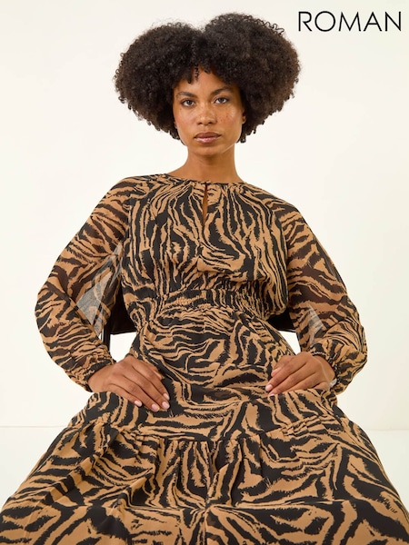 Roman Brown Zebra Print Keyhole Midi Dress (G13855) | £58