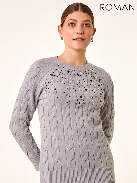 Roman Grey Embellished Cable Knit Jumper (G13858) | £50