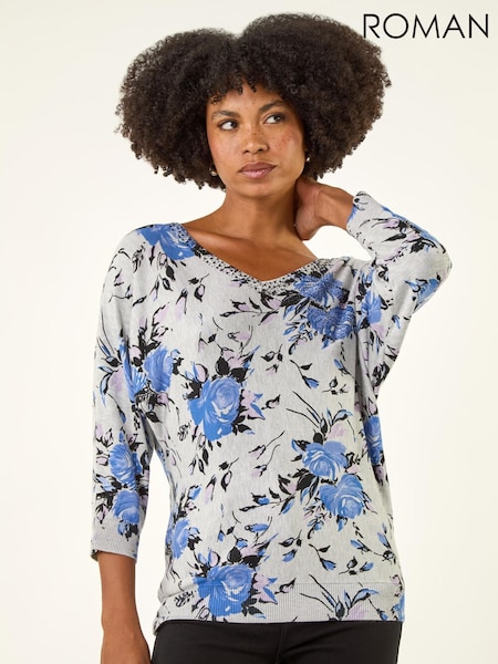 Roman Grey Embellished Floral V-Neck Jumper (G13859) | £45