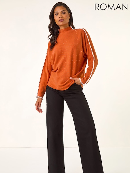 Roman Brown Hotfix Blanket Stitch Knit Jumper (G13860) | £40