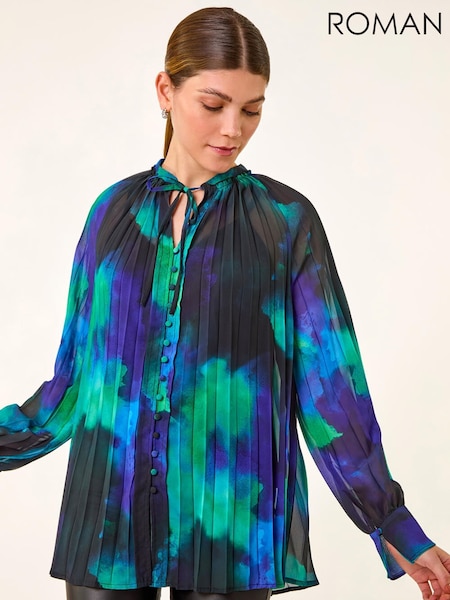 Roman Blue Watercolour Tie Neck Pleated Blouse (G13867) | £42
