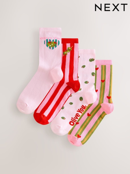 Pink/Green 'Olive You' Ankle Socks 4 Pack (G14328) | £10