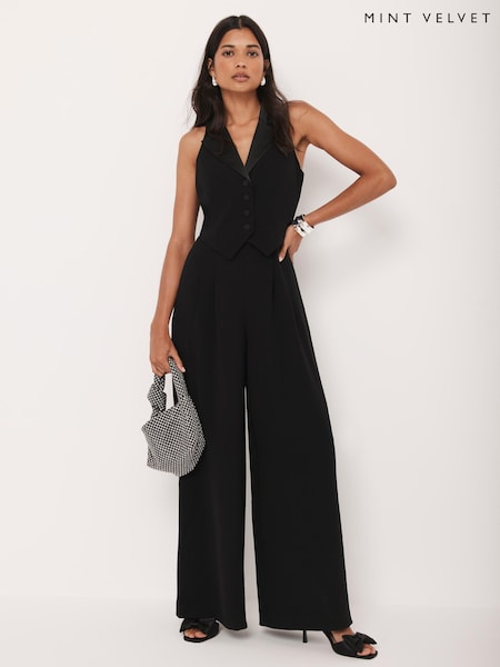 Mint Velvet Black Black Tuxedo Wide Leg Jumpsuit (G14488) | £220