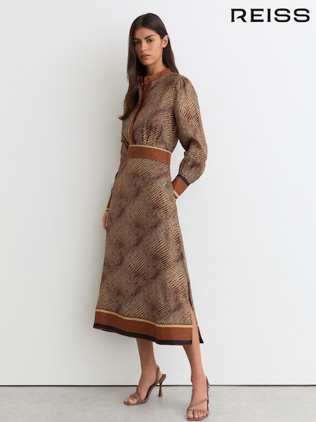 Reiss Neutral Leia Animal-Print Midi Shirt Dress (G14534) | £258