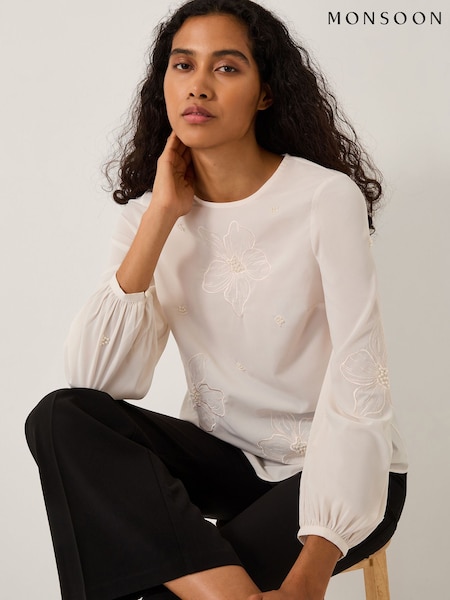 Monsoon Cream Regina Embroidered Floral Blouse (G14610) | £85