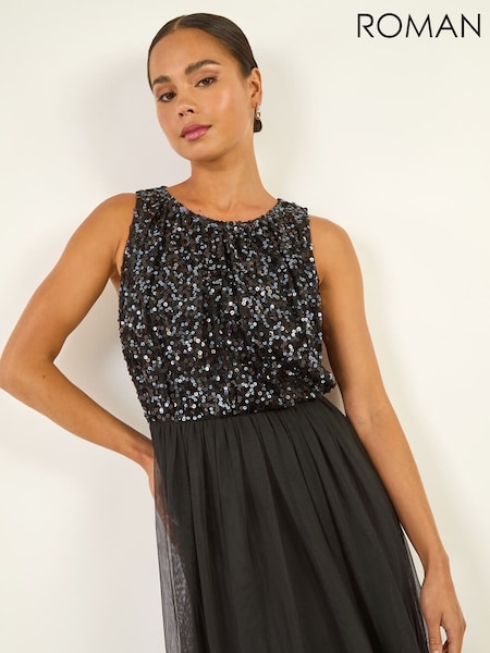 Roman Black Petite Contrast Sequin Mesh Dress (G14654) | £85