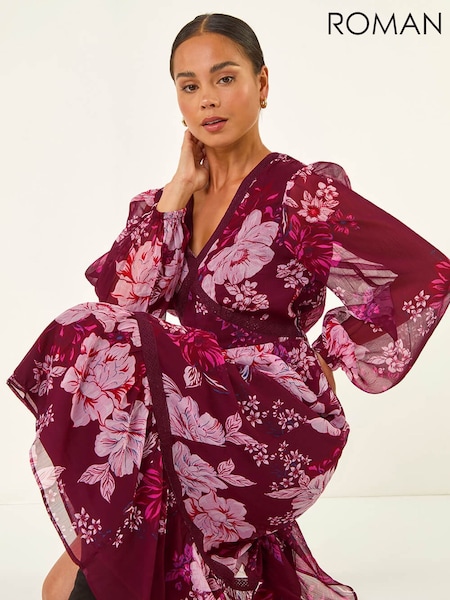 Roman Red Petite Floral Print Trim Midi Dress (G14680) | £55