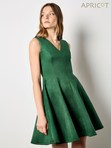 Green V-Neck Suedette Skater Dress (G14942) | £40