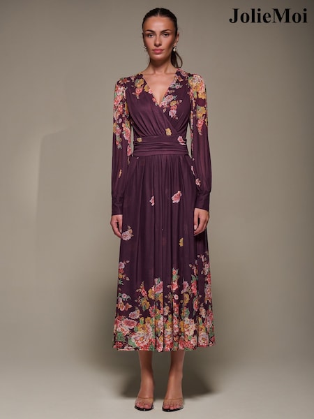 Jolie Moi Red Long Sleeve Printed Mesh Midaxi Dress (G14947) | £89