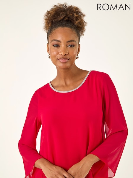 Roman Red Diamante Asymmetric Chiffon Tunic Top (G14953) | £40