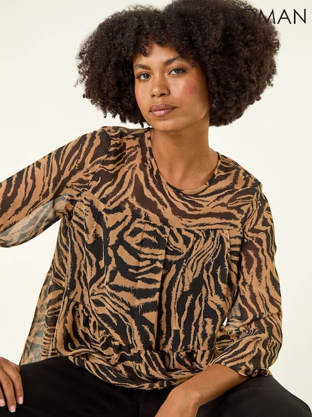 Roman Brown Animal Print Tiered Blouse (G14964) | £40