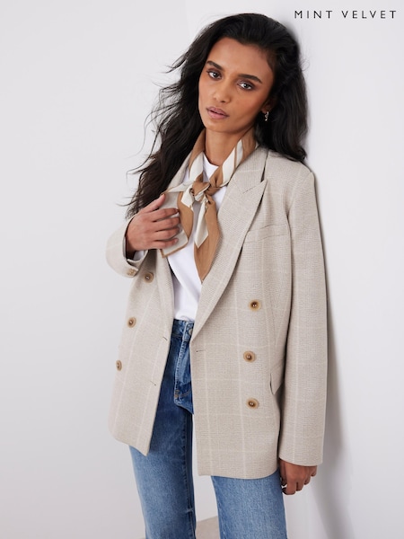 Mint Velvet Natural Neutral Checked Double Breasted Blazer (G15030) | £180