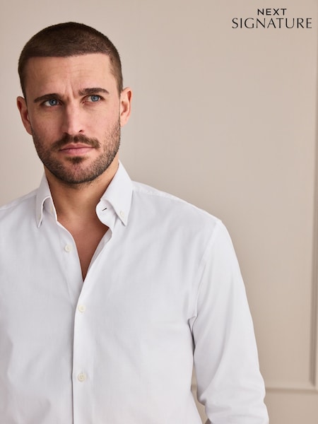 White - Slim Fit Signature Cotton Button Down Collar Oxford Smart Shirt