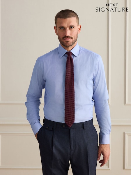 Blue - Regular Slim Fit Signature Textured Smart Shirt And Burgundy Knitted Tie Set