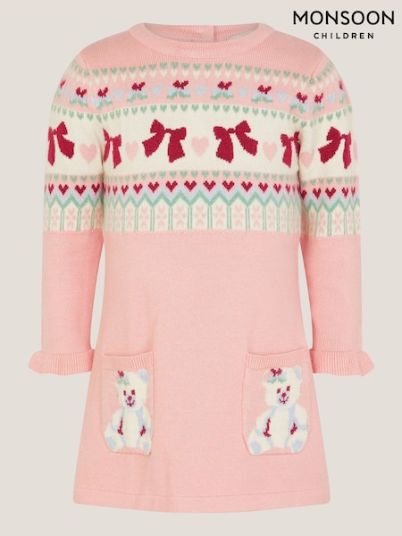 Monsoon Pink Baby Bear Pocket Knit Dress (G15622) | £30 - £34