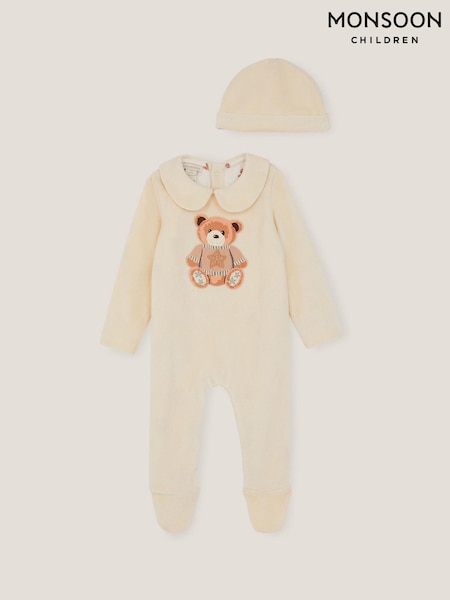Monsoon Cream Baby Festive Bear Sleepsuit & Hat Set (G15629) | £28