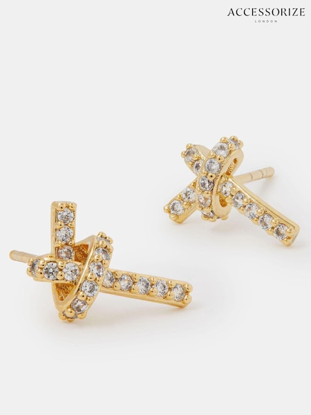 Accessorize Gold Tone 14ct Plated Diamanté Knot Stud Earrings (G15920) | £24