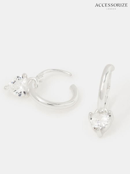 Accessorize Silver Tone Sterling Diamanté Heart Drop Hoop Earrings (G15927) | £18
