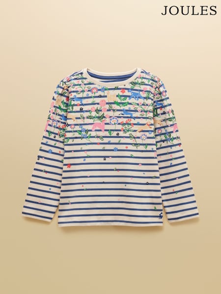 Cream & Blue Striped - Joules Girls' Ava Long Sleeve Printed Cotton Top