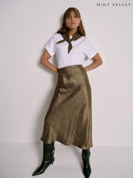 Mint Velvet Gold Crinkle Midi Slip Skirt (G16181) | £99