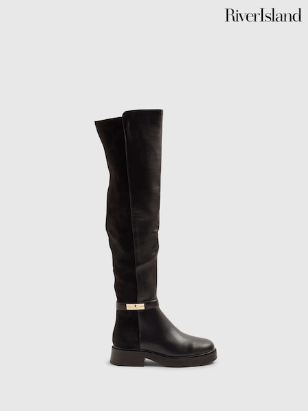 River Island Black High Leg Flat Riding Boots (G16183) | £69