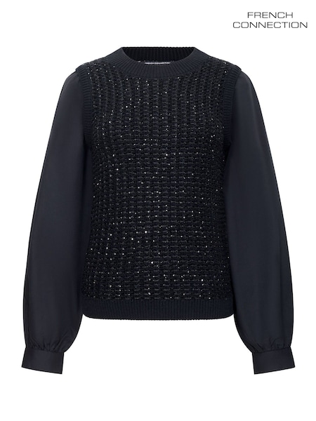 Black Mix Media Tweed Long Sleeve Knit Jumper (G16474) | £75