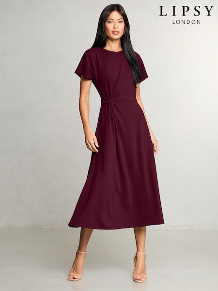 Lipsy Burgundy Red Petite Knot Side Midi Dress (G16492) | £52