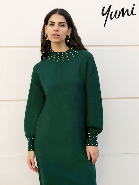 Yumi Green Pearl Detail Knitted Relaxed Jumper Dress (G16543) | £55