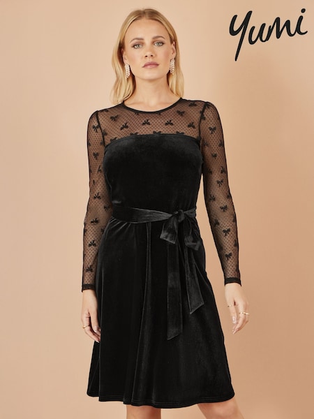 Yumi Black Velvet Skater Dress With Mesh Bow Sleeves (G16552) | £60