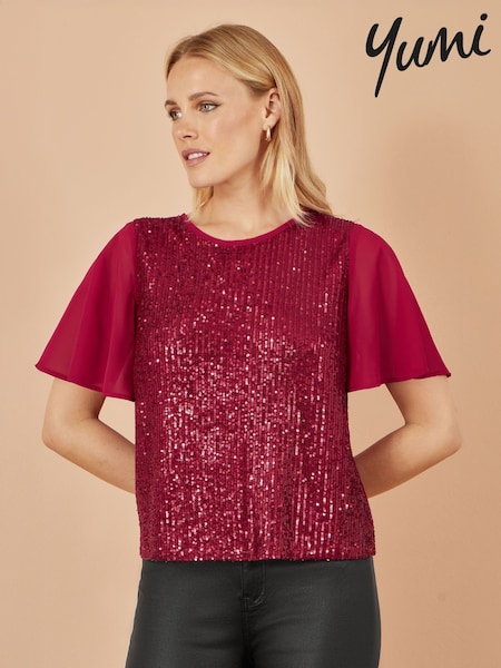 Yumi Red Sequin Top With Sheer Sleeves And Cut Out Back (G16565) | £45