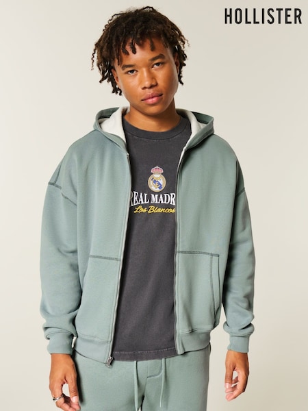 Hollister Green Boxy Waffle Lined Zip Through Hoodie (G16571) | £50