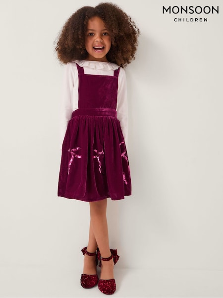 Monsoon Red Broderie Top & Bow Velvet Pinafore Dress Set (G16710) | £38 - £41