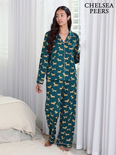 Chelsea Peers Green Sausage Dog Stroll Print Long Pyjama Set (G16762) | £45
