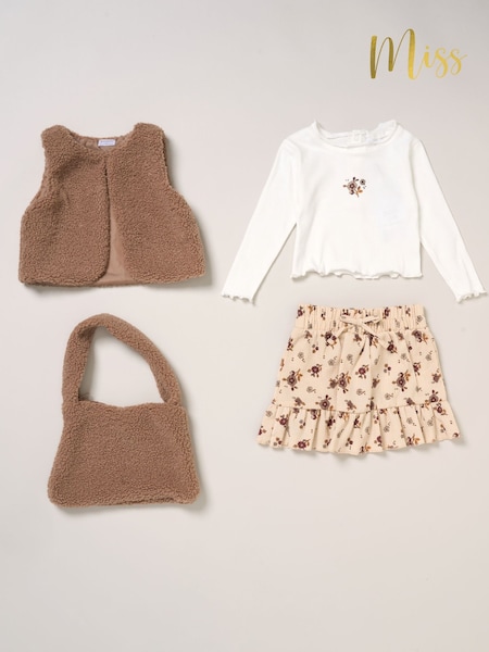 Miss Faux Fur Gilet Rib Brown Top Skirt and Bag Set (G16894) | £34 - £38