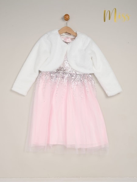Miss Light Pink Waterfall Sequin Dress and Faux Fur Bolero Set (G16898) | £44