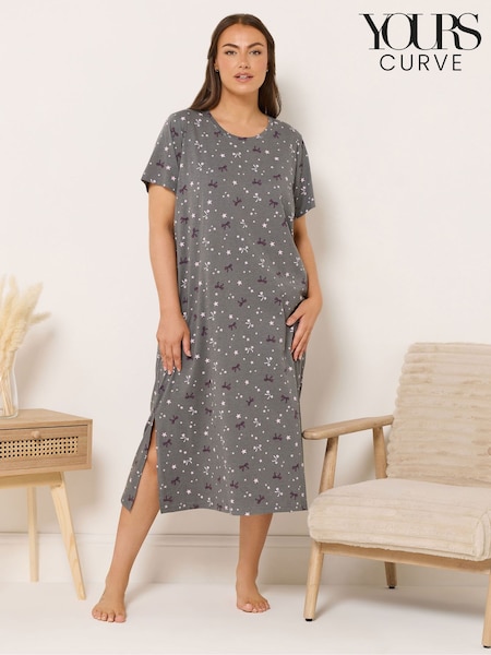 Yours Curve Grey Pink Bows Midaxi Nightdress (G16968) | £22