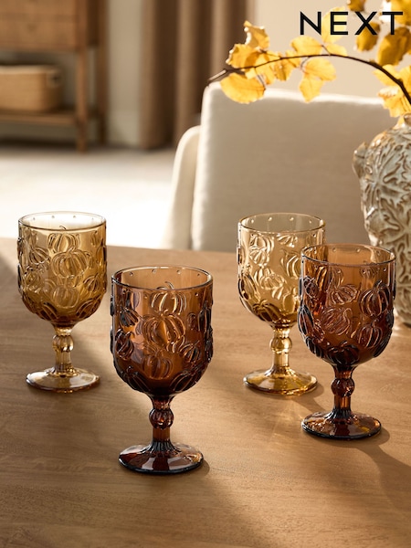 Set Of 4 Autumn Pumpkin Pressed Wine Glasses