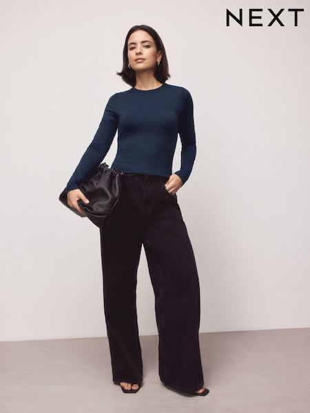 Navy Soft Touch Slinky Nylon Crew Neck Long Sleeve Top (G18046) | £22