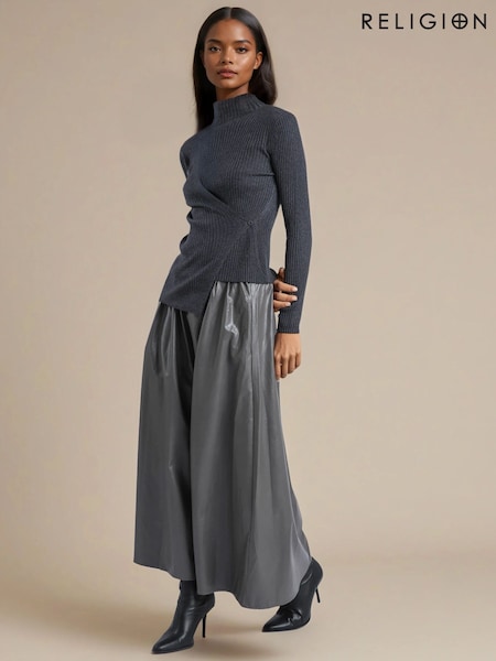 Religion Grey Sophie Full Maxi Skirt In Faux Leather With Pockets (G18068) | £88