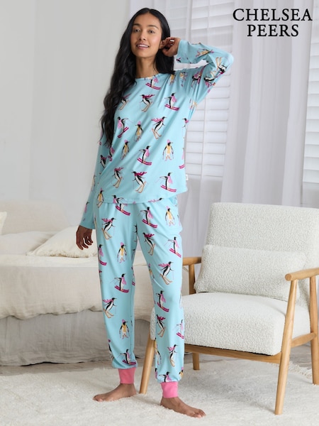 Chelsea Peers Blue Skiing Penguins Print Long Pyjamas Set (G18159) | £39