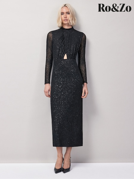 Ro&Zo Black Petite Cleo Flocked Cut Out Detail Dress (G18201) | £129