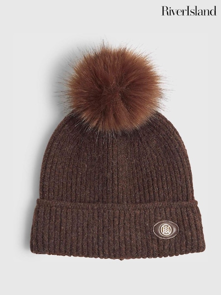 River Island Brown Dark Ribbed Brushed Pom Pom Beanie (G18508) | £32