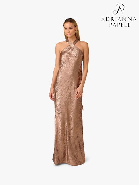 Adrianna By Adrianna Papell Foiled Woven Halter Brown Gown (G18591) | £295