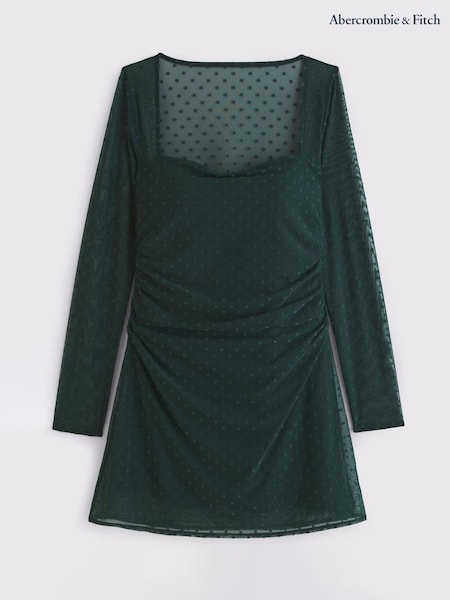 Abercrombie & Fitch Green Flocked Long Sleeve Sweetheart Mini Dress (G18660) | £62