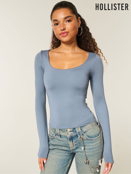 Hollister Blue Basic Scoop Neck Long Sleeve T-Shirt (G18834) | £18