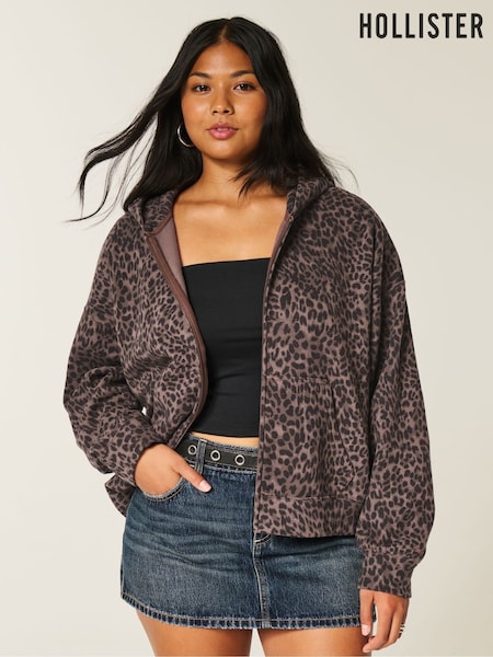 Hollister Leopard Print Zip Through Black Hoodie (G18841) | £40
